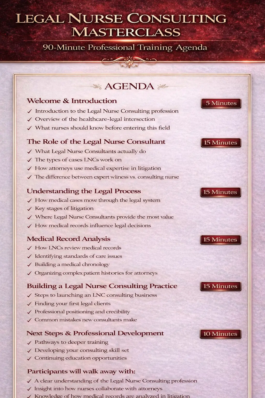 Legal Nurse Consulting Masterclass Agenda