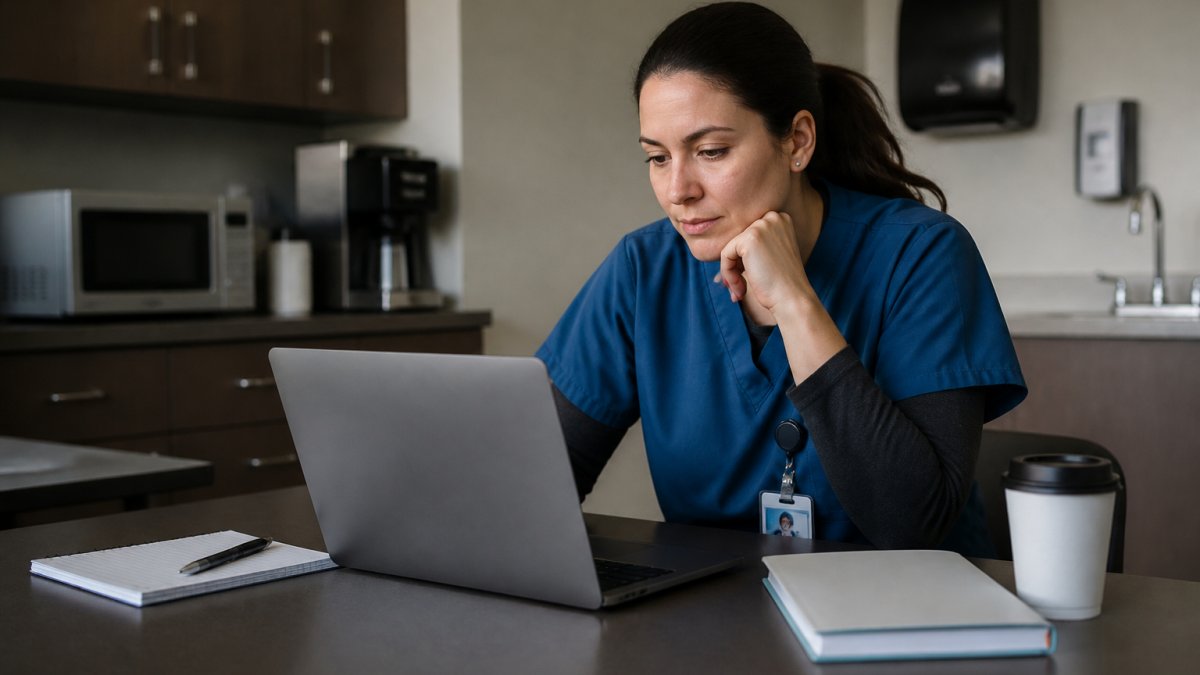 A trauma nurse in scrubs reviewing practice questions on a laptop at a desk with a notebook, pen, and coffee nearby in a quiet hospital break room